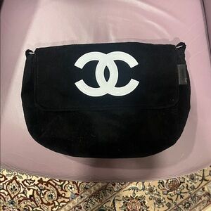 CHANEL Precision Black Terry Cloth Crossbody with White CC Emblem